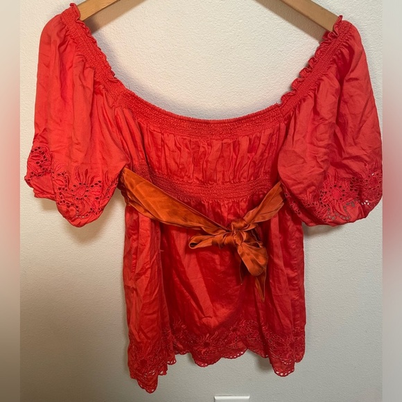 Bebe Silk Embroidered Orange Tie Back Blouse Size Medium - Picture 2 of 4